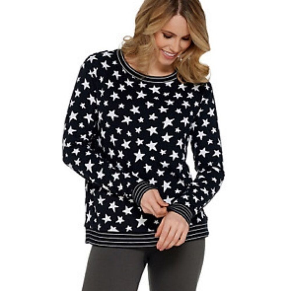 AnyBody Loungewear Printed Hacci Navy Sweatshirt